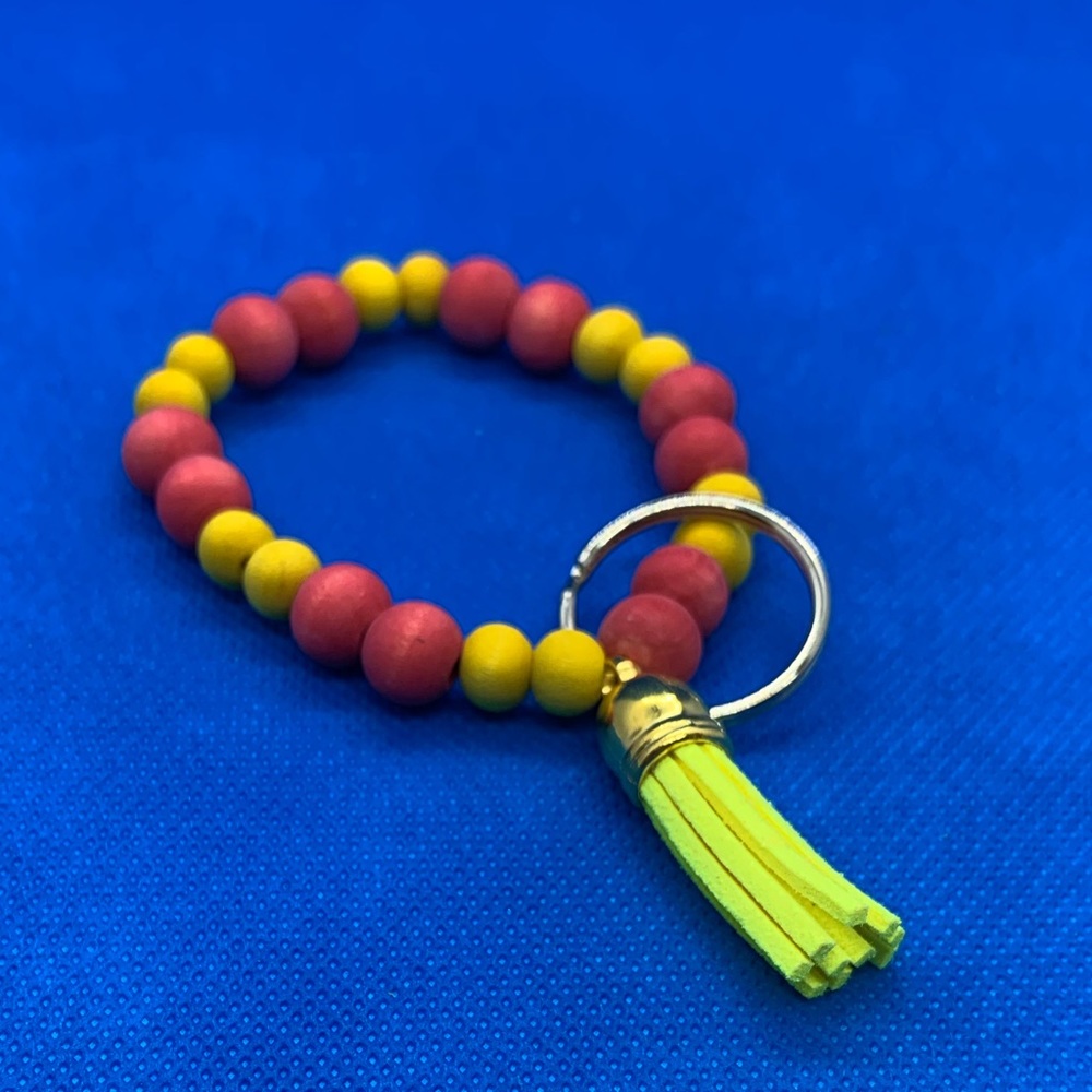 Hand Dyed Wood Bead Keychain Bracelet With Leather Tassle